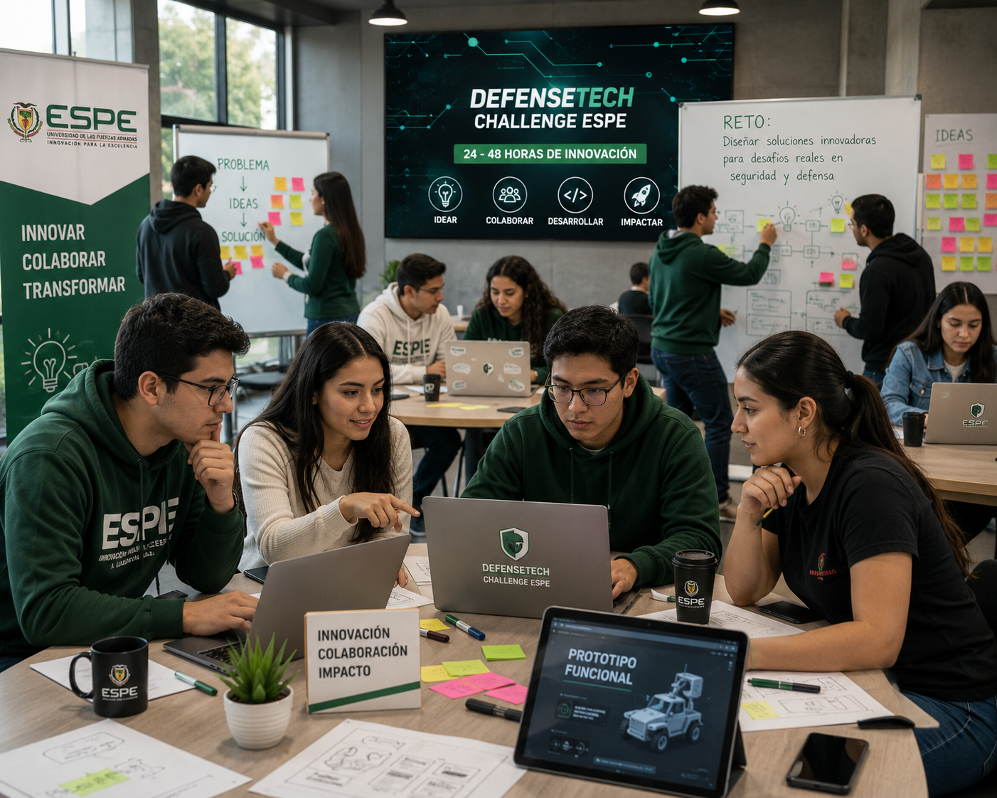 Equipo multidisciplinario participando en un hackathon